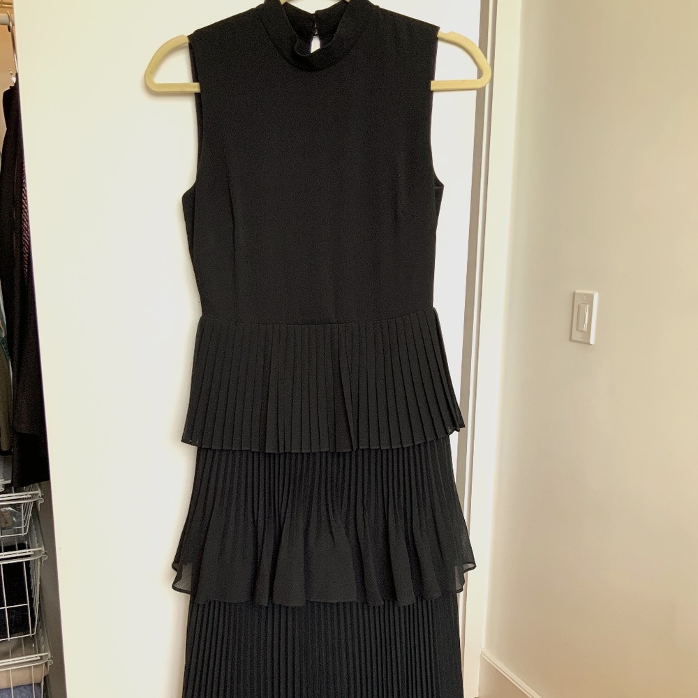 Club Monaco Black Midi Chiffon/Silk Ruffle Tier Dress